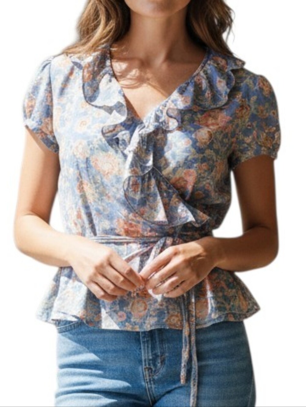 Lauren Ralph Lauren Jeans Company True Wrap Shirt In Blue Floral Ruffle Size M